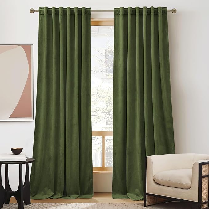 RYB HOME Olive Green Velvet Blackout Curtains 90 inches by RYBHOME