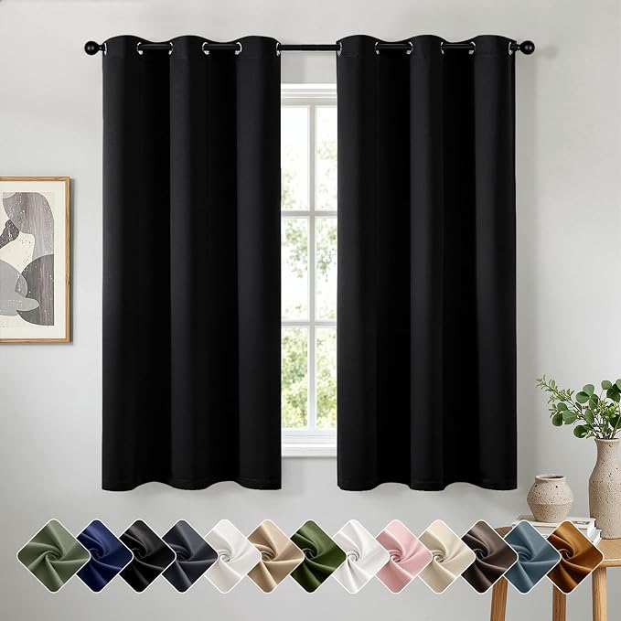 Short Black Blackout Kitchen Curtain W40 x L54 Inch 2 Panels | Thermal Insulated by Woaboy