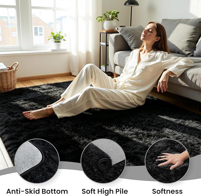 9x12 Fluffy Area Rug for Living Room: Soft Non-Slip Black Bedroom Carpet | - Image 5