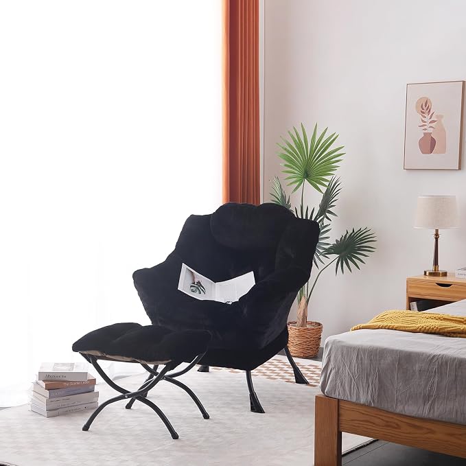 Lazy Chair with Ottoman, Comfy Accent Reading Chair, Plush Black | Foldable - Image 7