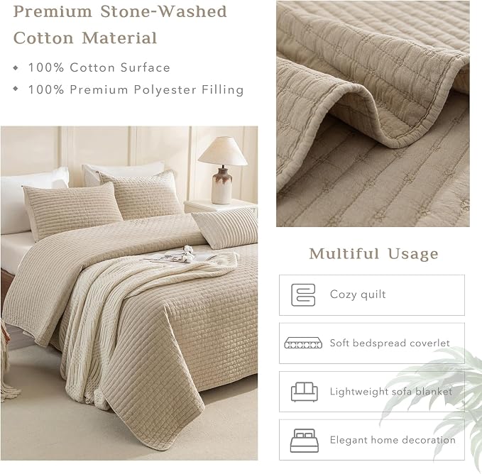 CozyTide Stone-Washed Cotton Queen Quilt, Wheat Stitching Queen Quilt Bedding - Image 4