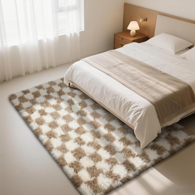 4x6 Beige and White Rug for Bedroom, Fluffy Area Rugs Small Bedside Carpet | - Image 2