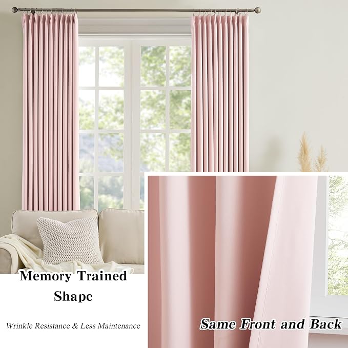 Pinch Pleated Baby Pink Blackout Curtains 72 Inches Long, Sound & Light - Image 6