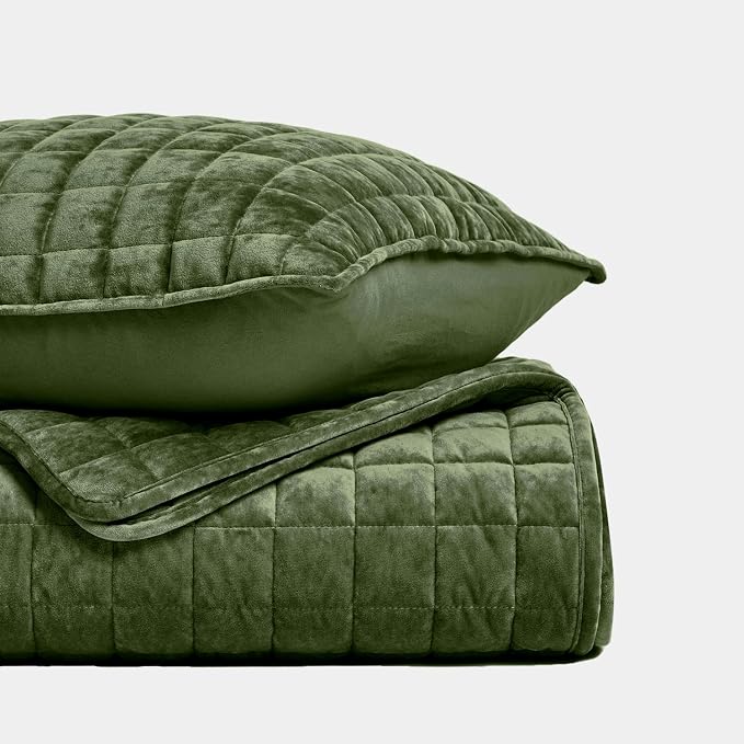 RECYCO Channel Box Stitch Velvet Quilt Set, Full Queen Size, Loden Green | - Image 5
