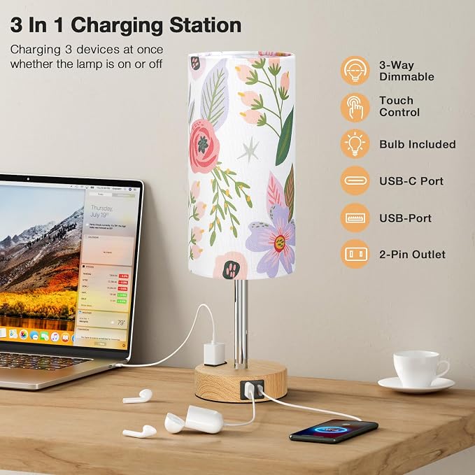 Floral Touch Lamp for Bedroom- 3 Way Dimmable Bedside Lamp USB C A Charging - Image 6
