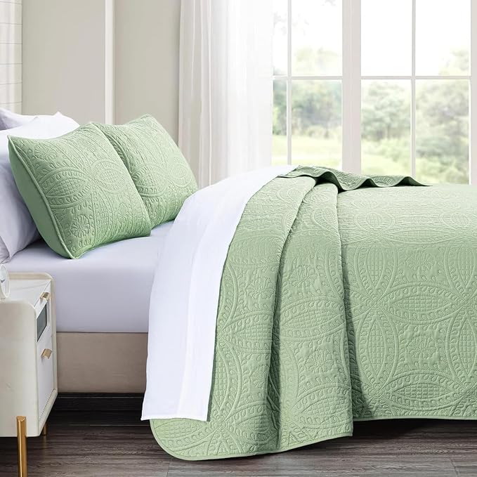 akkialla King Size Quilt Set, Sage Green Ultrasonic Bedspread, Lightweight Soft - Image 4