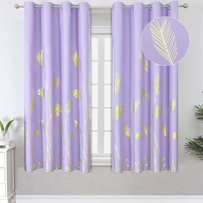 Lilac Blackout Curtains for Bedroom, Room Darkening Gold Palm Tree Pattern by ESTELARTEXTILER