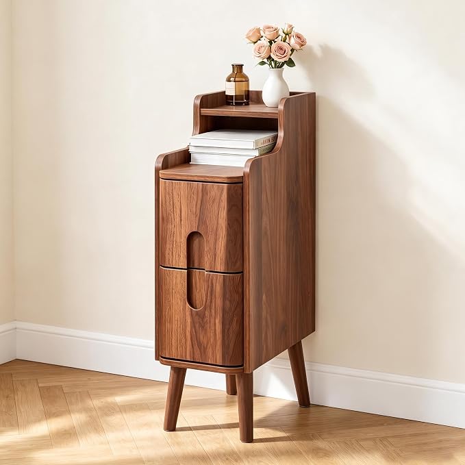 FurSch Narrow Nightstand, Wooden 2 Drawer, Skinny Bedside Table, Mid Century - Image 3