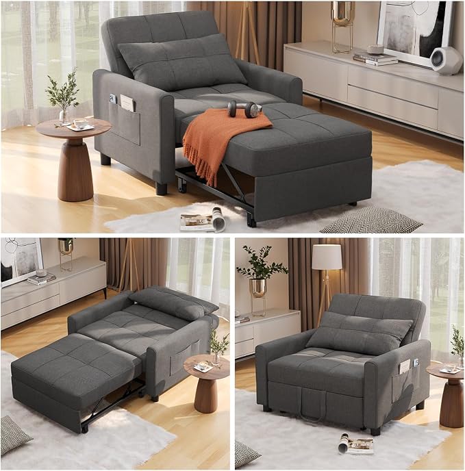 Aiho 3-in-1 Sleeper Chair Bed Convertible Sofa, Dark Gray | Convertible Chair by AIHO