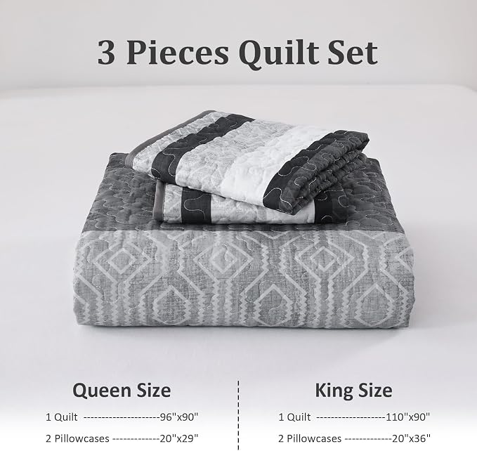 Dobuyly California King Boho Stripe Quilt, Breathable All-Season, 3-Piece Set - Image 7