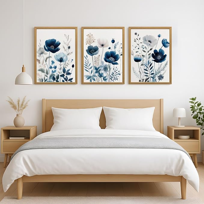 LLEEMPI Navy Blue Floral Wall Art Set of 3, 12x16 Wood Framed Canvas Prints | - Image 5