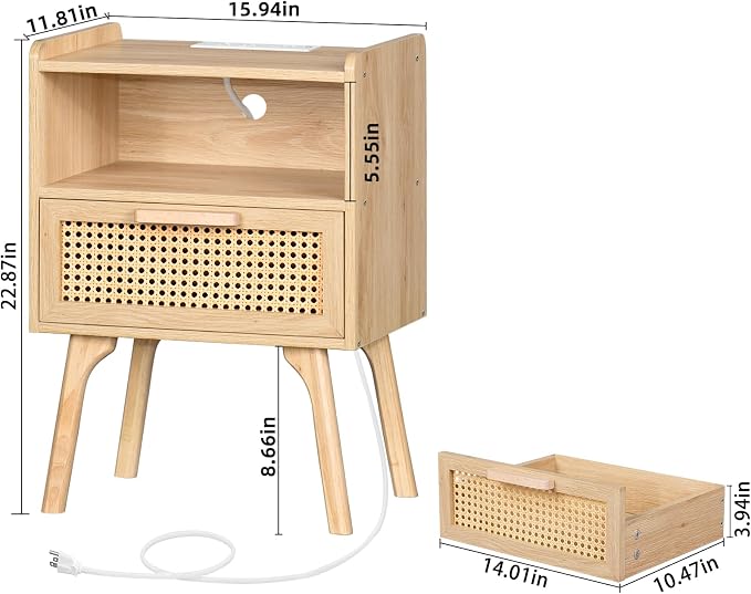 Lerliuo Rattan Nightstand with Charging Station, Boho Night Stand | Handmade - Image 3