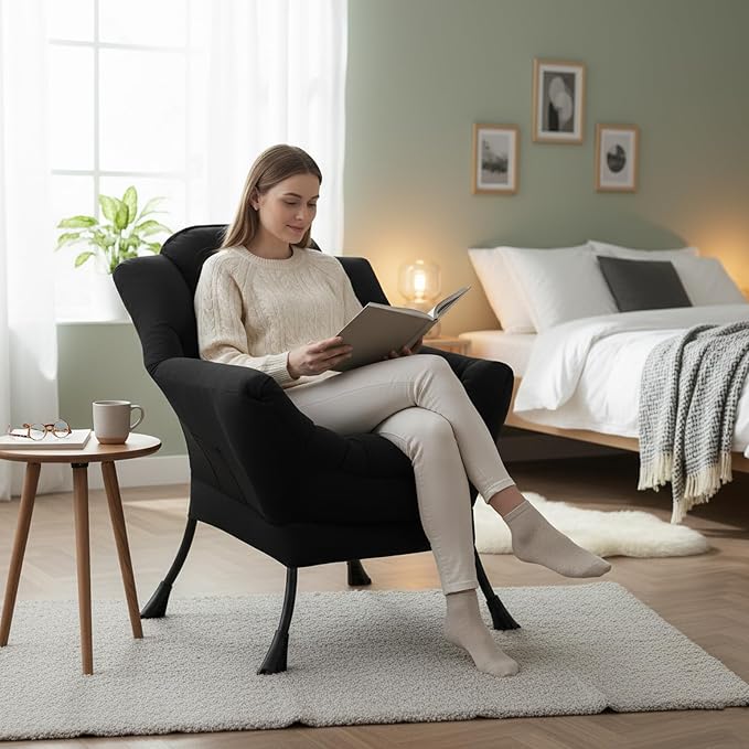 Welnow Black Single Lazy Chair for Adults，Modern Reading Accent Chair | A Side - Image 2