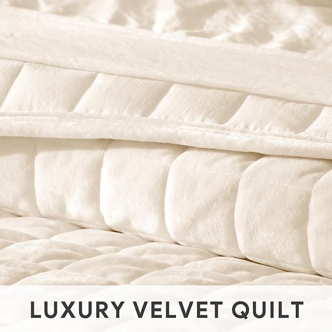 RECYCO Channel Box Stitch Velvet Quilt Set, Full Queen Size, Cream White | - Image 4