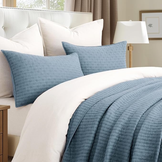 100% Cotton Cross Stitch 3-Piece Quilt Set, Dusty Blue | Cross Stitch Cotton - Image 2