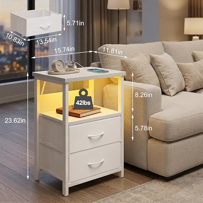 Fixwal Night Stand with Charging Station, 2 Drawers | fabric drawer, built-in - Image 3
