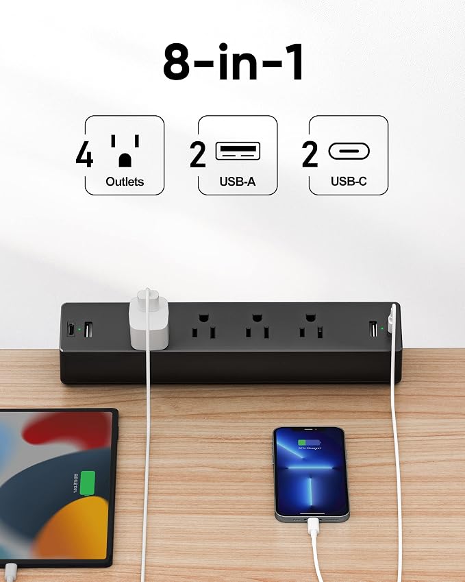 Desk Clamp Power Strip, 4 AC Outlets 4 USB Ports, Fit 1.7in Tabletop Edge | PD - Image 2