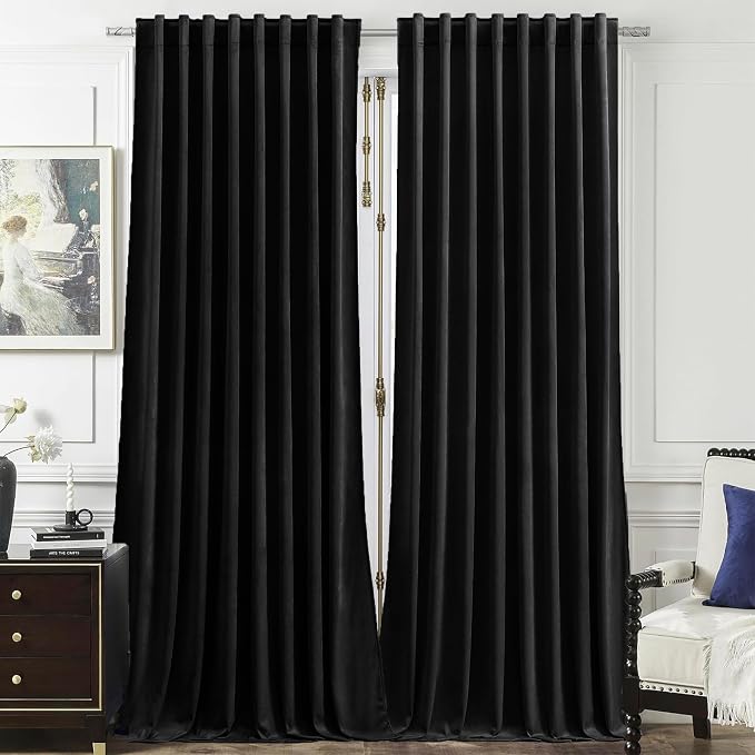 Timeper Black Velvet Curtains W62 x L96 inches 2 Panels, Back Tab & Rod Pocket by Timeper