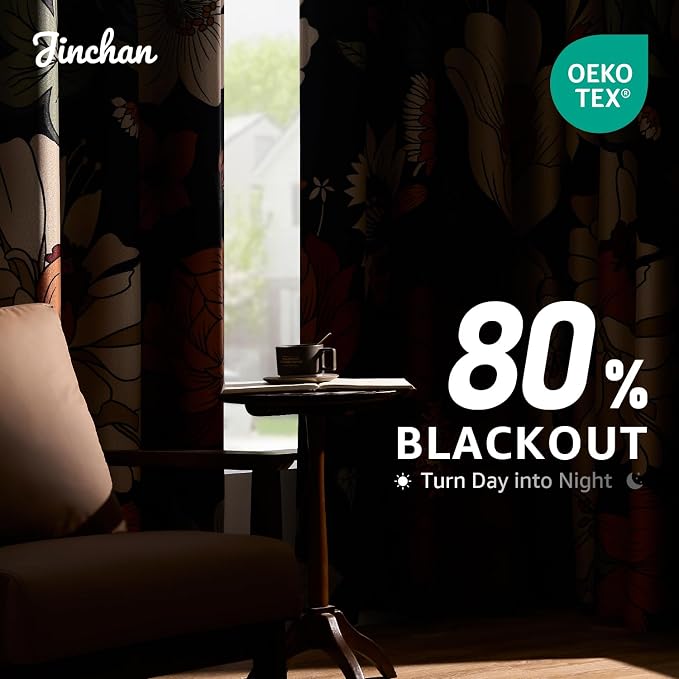 jinchan Black Boho Floral Blackout Curtains W100xL96 Grommet 1 Panel | Room - Image 3