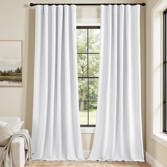 MIULEE 100% Blackout Back Tab Pleat Linen Curtains 50" Wx96 L, Bright White | 2 - Image 6