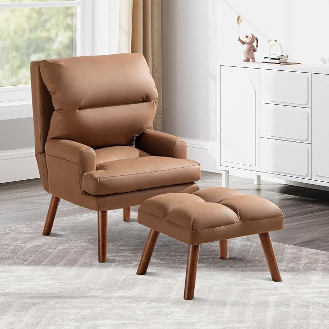 IOMOR Accent Chair with Ottoman, Faux Leather Chair Armchair with Adjustable by IOMOR