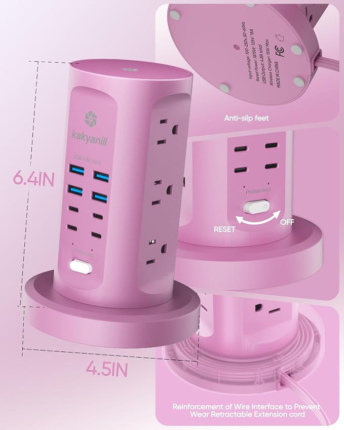 Power Strip Tower, kakyanill Charging Station 9 AC Outlets 8 USB Ports | 6 Ft - Image 7
