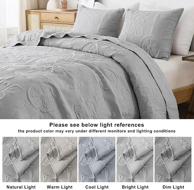 Light Grey Damask Quilt Queen Size Bedding Sets - Image 8