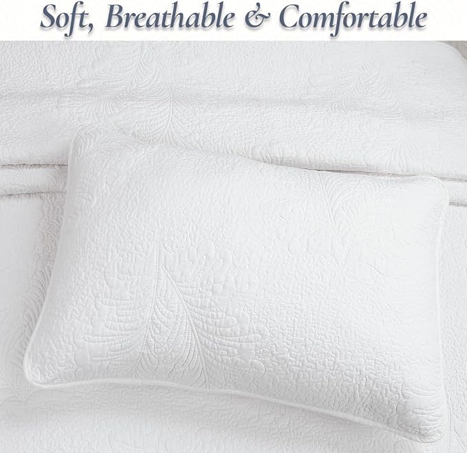 Cozy Line Home Fashions White 100% Cotton Quilt Set King | 3-Piece, Quilted - Image 4