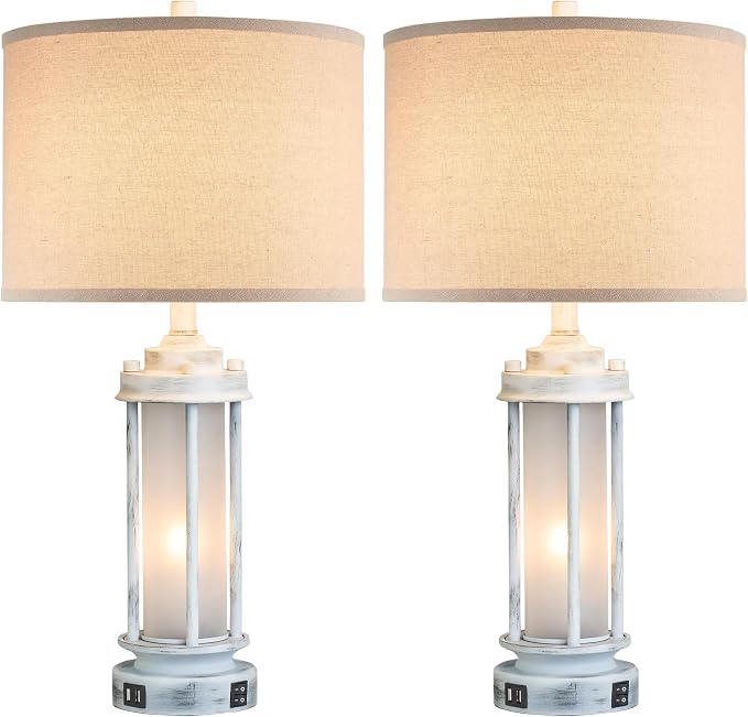 AIEAMPDO 25" Set of 2 Antique White Rustic Table Lamps 2 USB C+A Ports | - Image 9