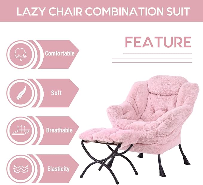 Lazy Chair with Ottoman, Comfy Accent Reading Chair, Plush Pink | Foldable - Image 7