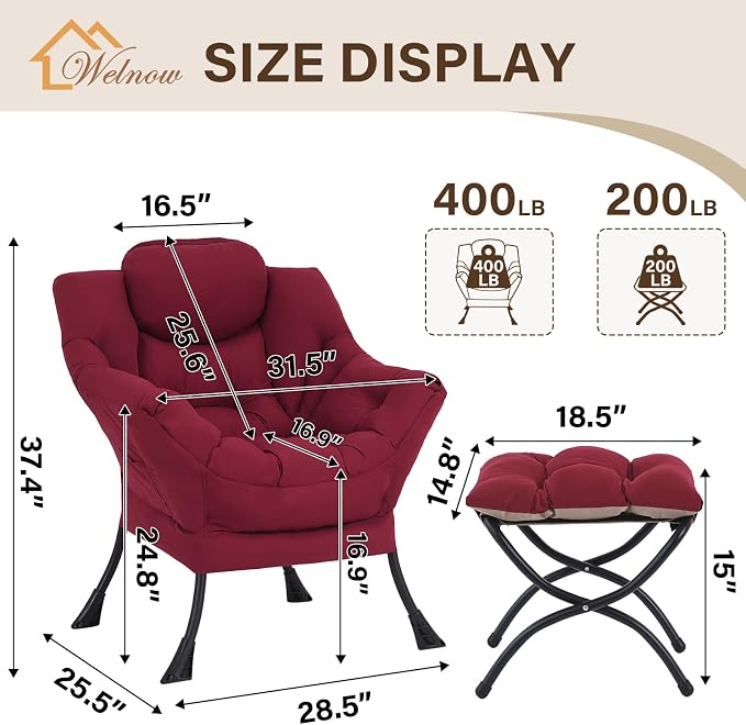 Welnow Lazy Chair with Ottoman, Reading Chair with Footrest, Burgundy | A Side - Image 3