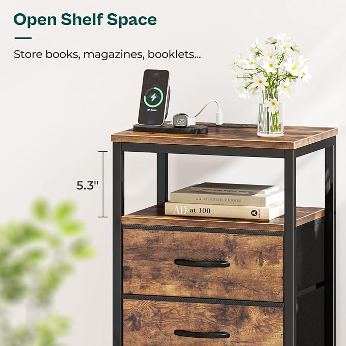 Huuger Nightstand with Charging Station, 27.6 Inch Bedside Table, Side Table | - Image 3
