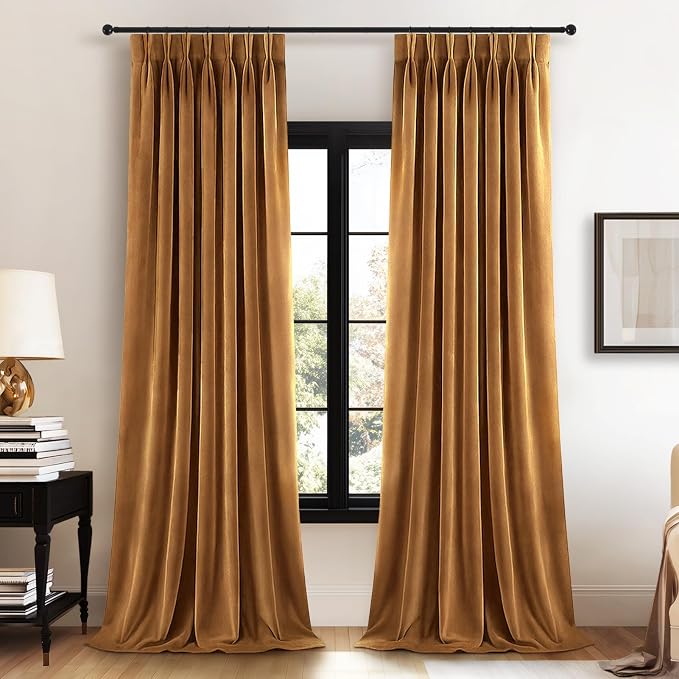 Gold Brown Velvet Pinch Pleated Curtains 120 Inches Long by Unknown