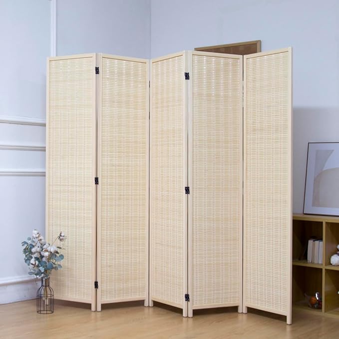 5 Panel Bamboo Room Divider, 5.6 ft Tall Folding Privacy Screen, Freestanding - Image 3