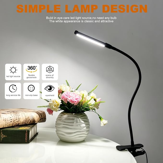 24 LED Clip Light 3 Color Dimmable Clip Desk Lamp Black | Metal Gooseneck | - Image 5
