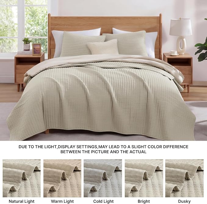 Queen Quilt Lightweight Bedspreads Oatmeal Queen Size Quilt Bedding Set | Soft - Image 7