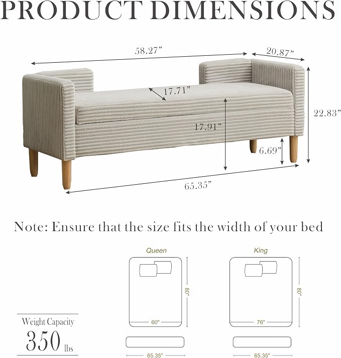 Aoiy & Wifon 65.35" W End of Bed Bench King Size, Upholstered Large Storage - Image 2