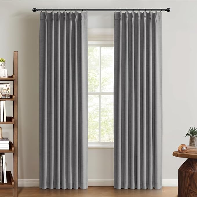 Pinch Pleated Full Blackout Faux Linen Curtains 84 Inches Long | Dark Grey by 100BlackoutShield