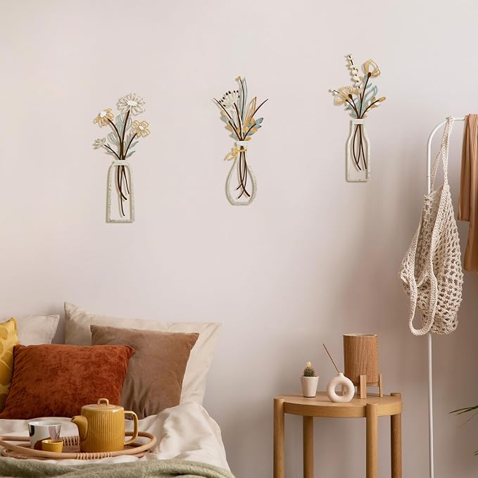 Pigort 3 Pieces Metal Flowers Wall Art- Rustic Farmhouse Decor Minimalist Decor - Image 5