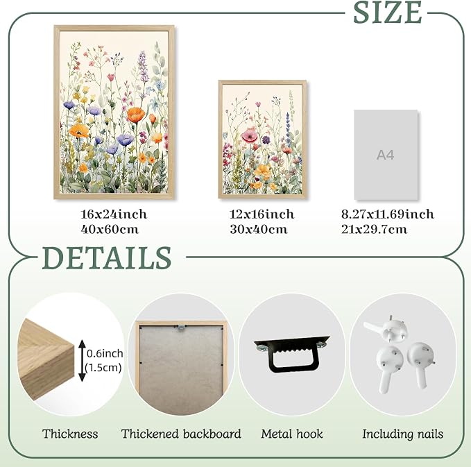 LLEEMPI Colorful Floral Wall Art Set of 3, 12x16 Wood Framed Canvas Prints | - Image 7
