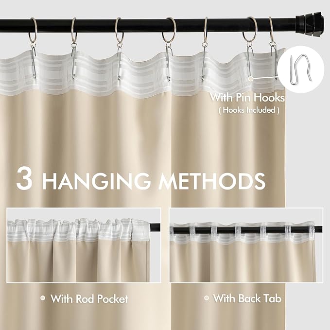 MIULEE Cream Beige Back Tab Blackout Curtains 52x94 Inch Long 2 Panels Set | - Image 3