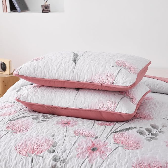 Dinjoy Pink Quilt Set Full, Floral Botanical Bedspread - Image 7