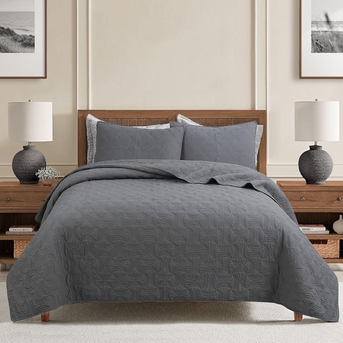Cozy Line Home Fashions Charcoal Gray Cotton Quilt Set – 3-Piece Solid Textured by CozyLineHomeFashions