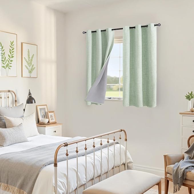 YoungsTex Sage Green Blackout Linen Curtains 40 Inches Longes, Short Thermal - Image 3