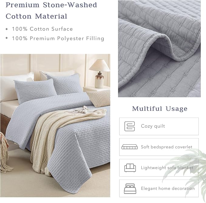 CozyTide Oversized King Bedspread 128"x120", Stone-Washed Cotton Light Blue - Image 4