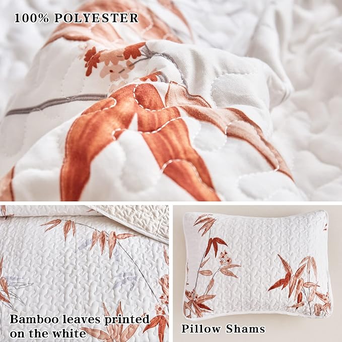 Botanical Quilt Set 3 Piece Full/Queen, Burnt Orange Leaves on White Design - Image 6