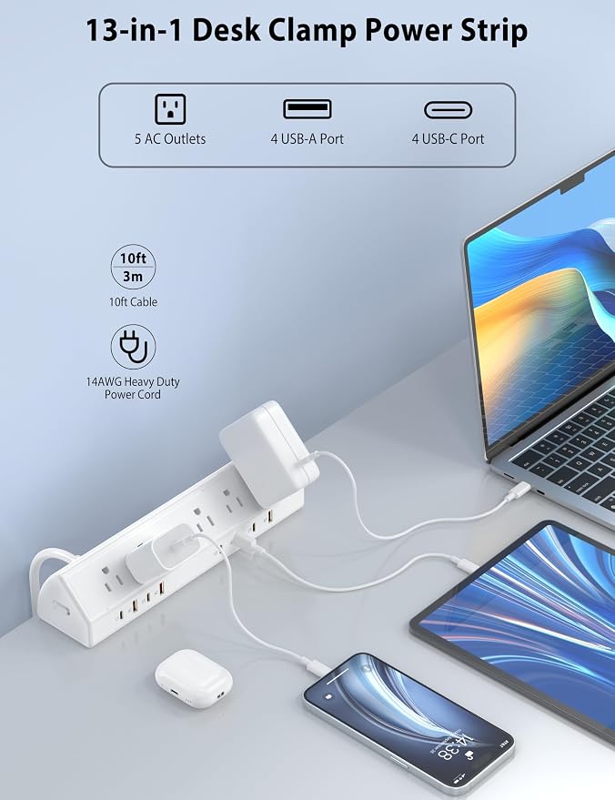 Jgstkcity Desk Clamp Power Strip USB C 65W, 8 USB, 10FT Cable, Fit 1.96'' - Image 2