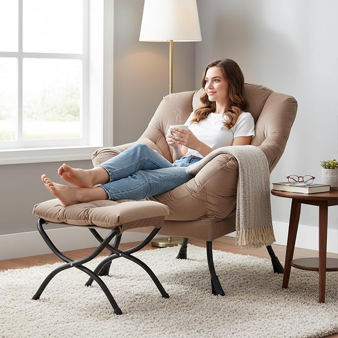 Welnow Lazy Chair with Ottoman, Reading Chair with Footrest, Khaki Velvet | A - Image 8
