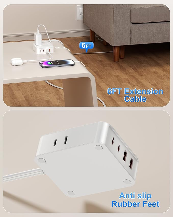 Flat Plug Power Strip with USB Ports-4 AC&4 USB Ports, Extension Cord | 6FT - Image 7