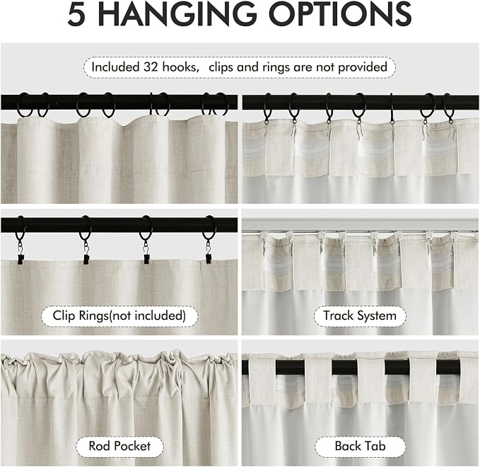 MIULEE 100% Blackout Back Tab Pleat Linen Curtains 50" Wx72 L, Ivory | 2 Panels - Image 5
